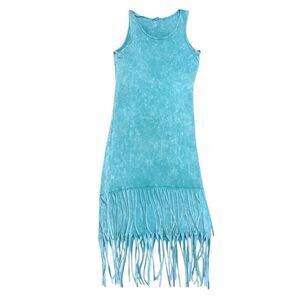 Boutique Women's Medium Blue Jersey Knit Tank Top Dress Fringe Stretch Southwest